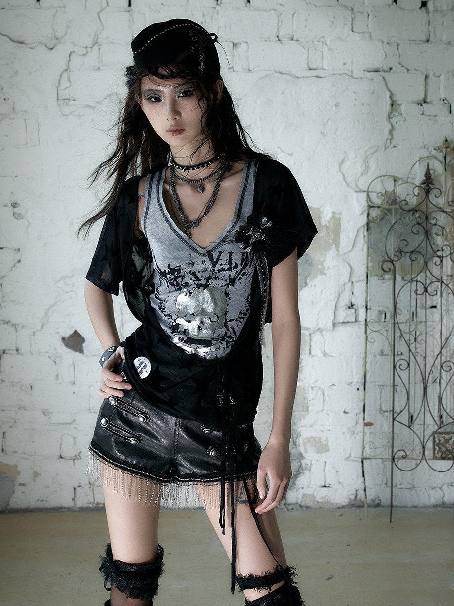 NO ROMANCE Skull Print Asymmetrical Two Piece V-neck Women'S Cotton Short Sleeve T-Shirts
