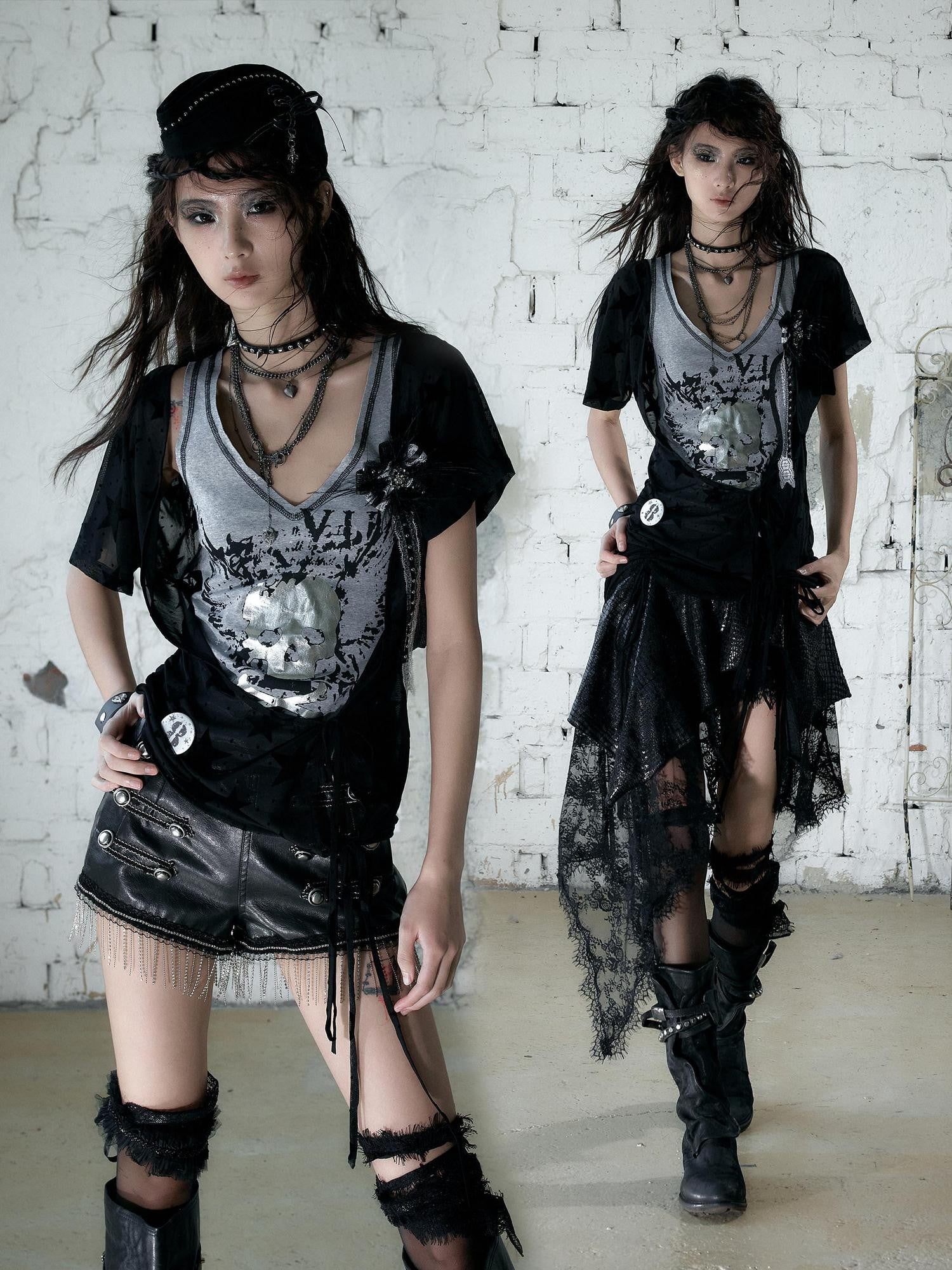 NO ROMANCE Skull Print Asymmetrical Two Piece V-neck Women'S Cotton Short Sleeve T-Shirts