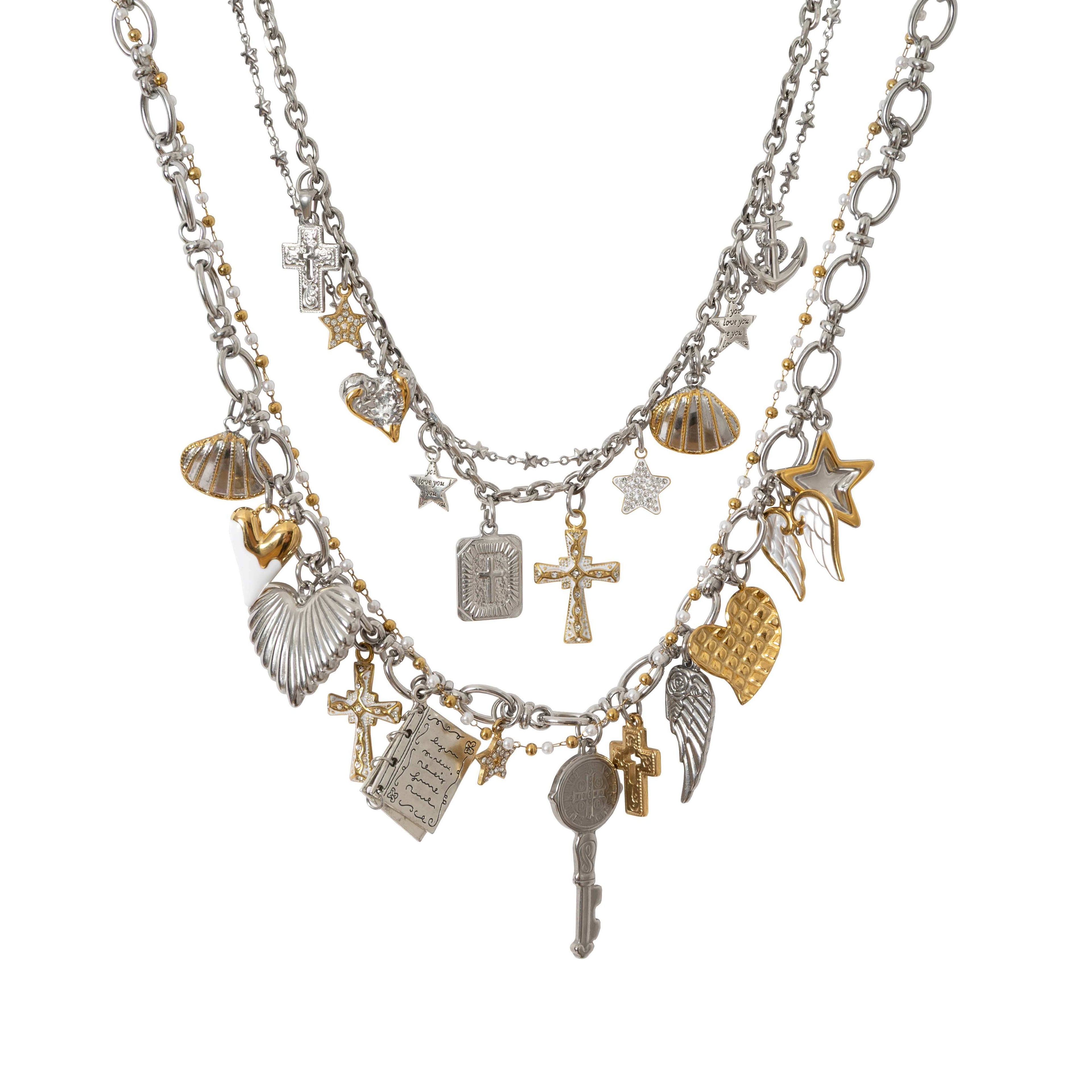 NO_ROMANCE_Sparkling_Punk_Vintage_Heart_Cross_Layered_Women'S_Mixed_Metal_Necklaces_MISSTT