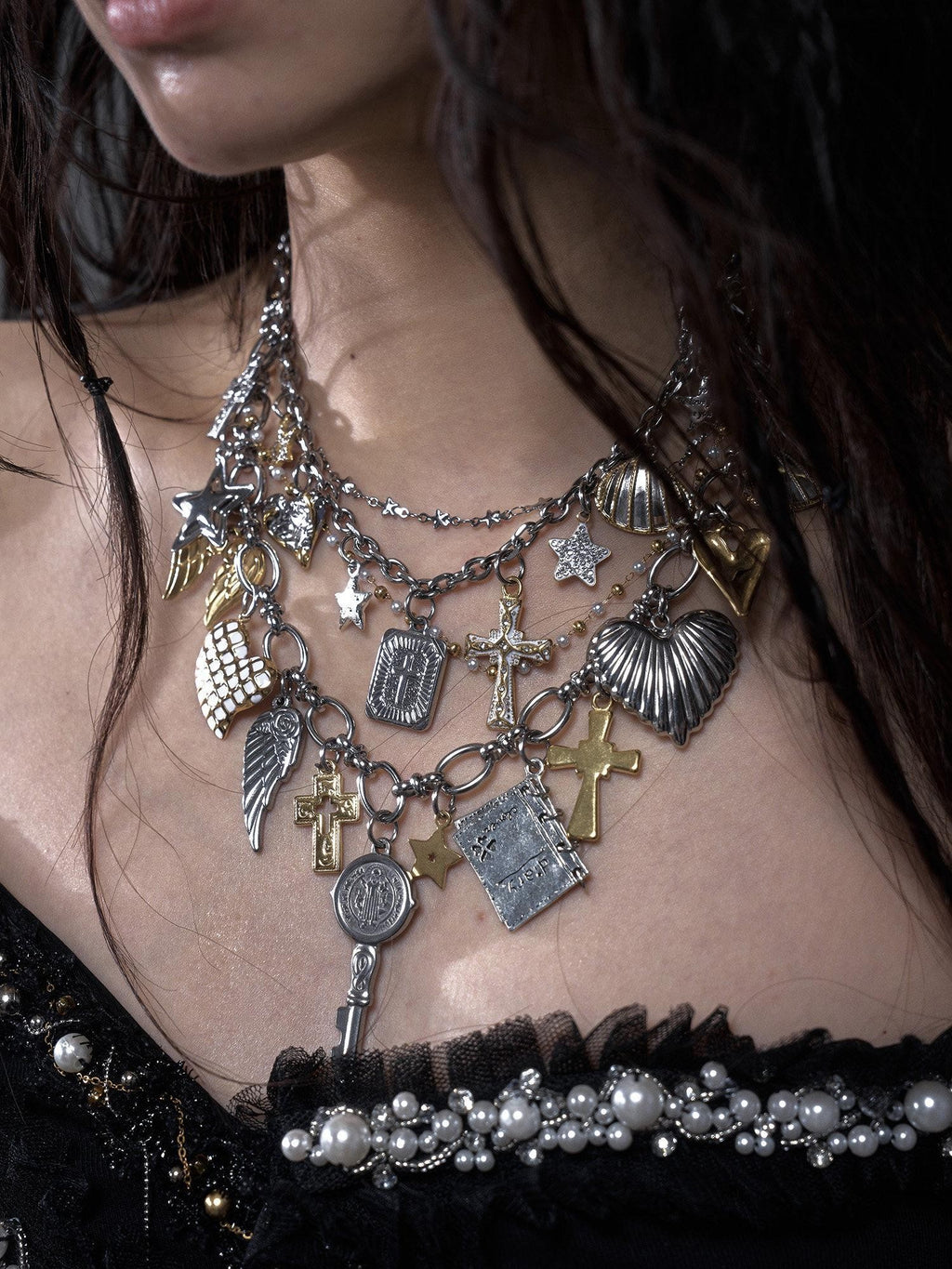 NO ROMANCE Sparkling Punk Vintage Heart Cross Layered Women'S Mixed Metal Necklaces