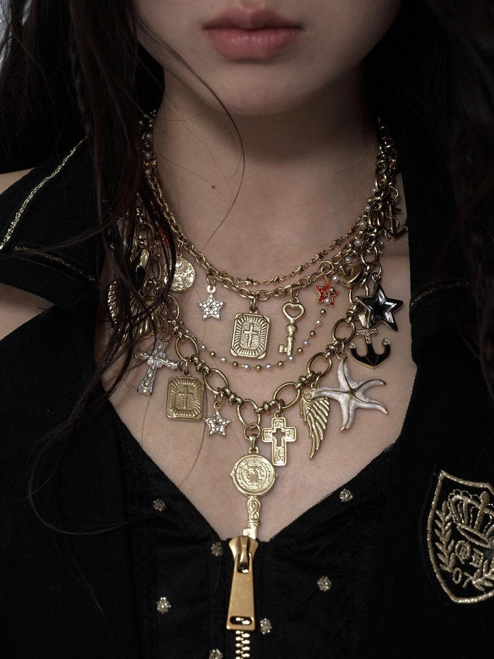 NO ROMANCE Sparkling Punk Vintage Heart Cross Layered Women'S Mixed Metal Necklaces
