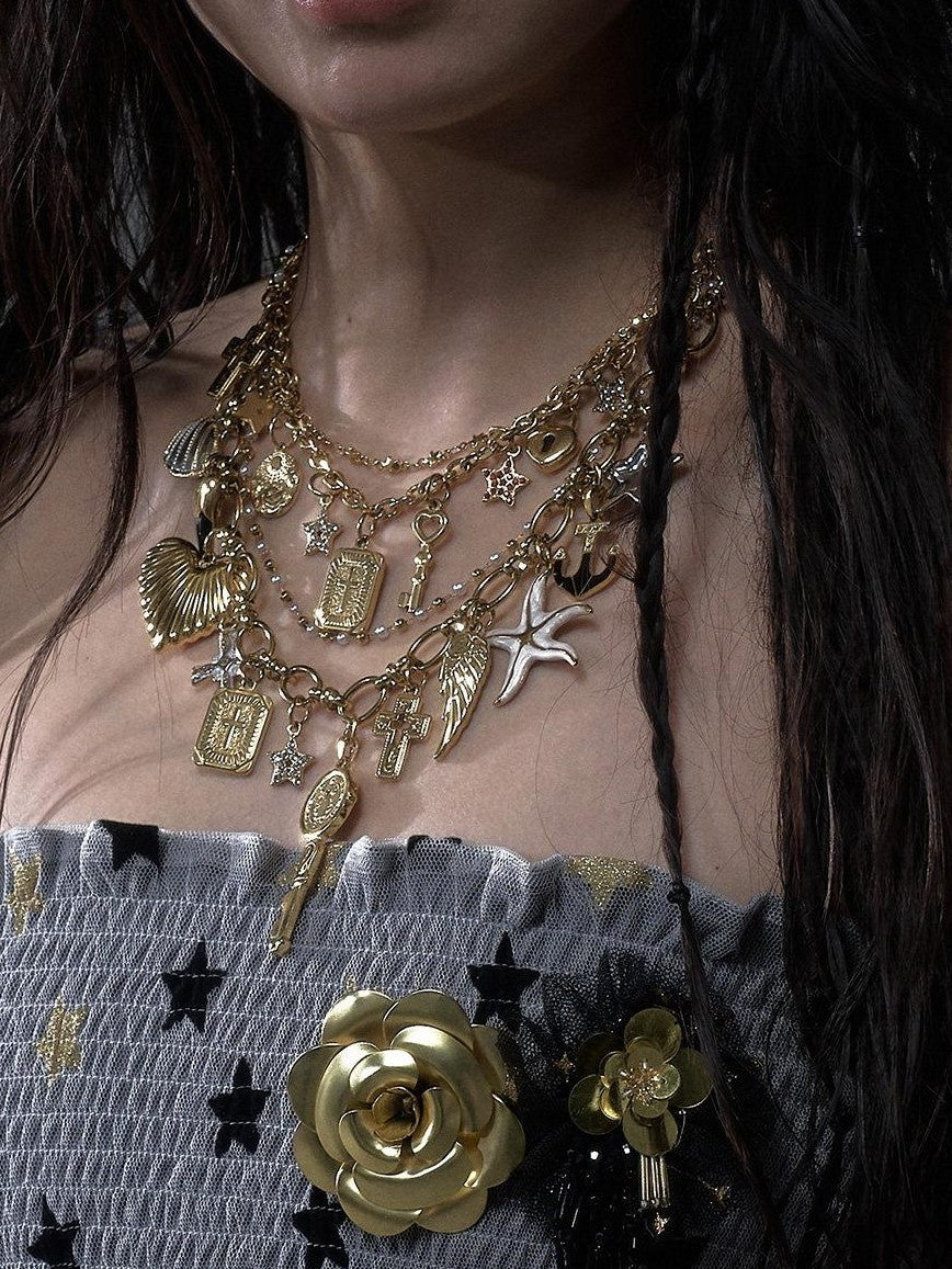 NO ROMANCE Sparkling Punk Vintage Heart Cross Layered Women'S Mixed Metal Necklaces