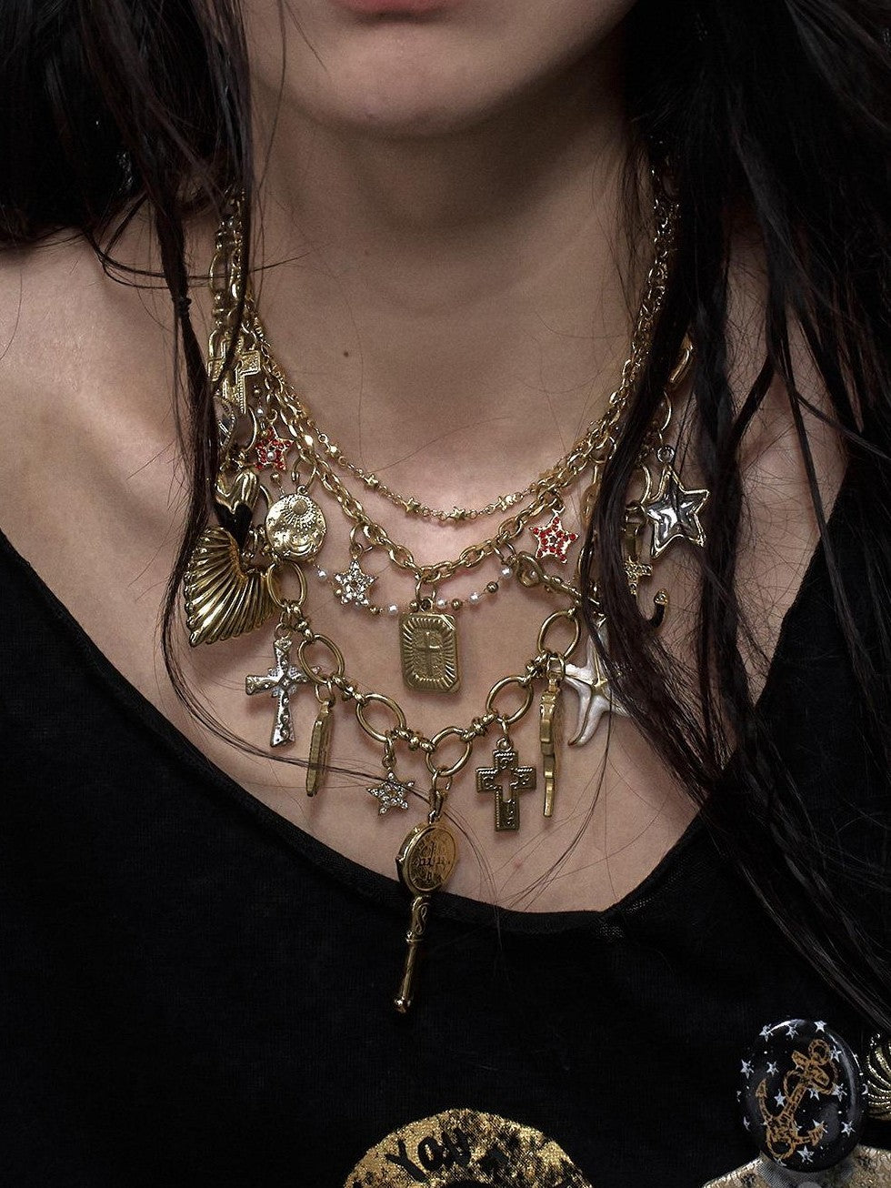NO ROMANCE Sparkling Punk Vintage Heart Cross Layered Women'S Mixed Metal Necklaces