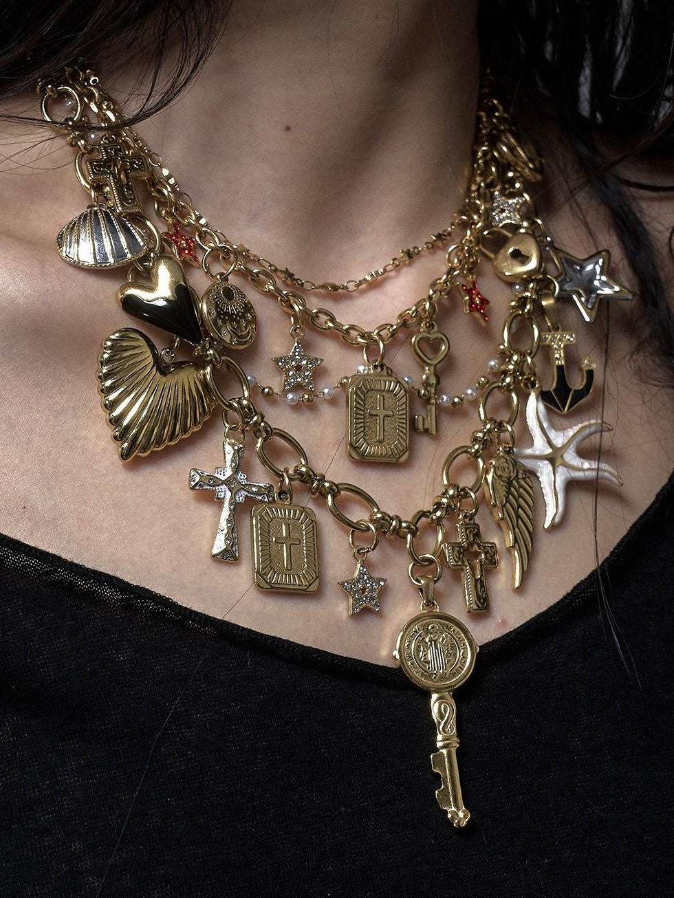 NO ROMANCE Sparkling Punk Vintage Heart Cross Layered Women'S Mixed Metal Necklaces