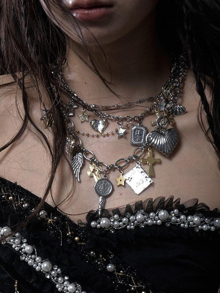 NO ROMANCE Sparkling Punk Vintage Heart Cross Layered Women'S Mixed Metal Necklaces