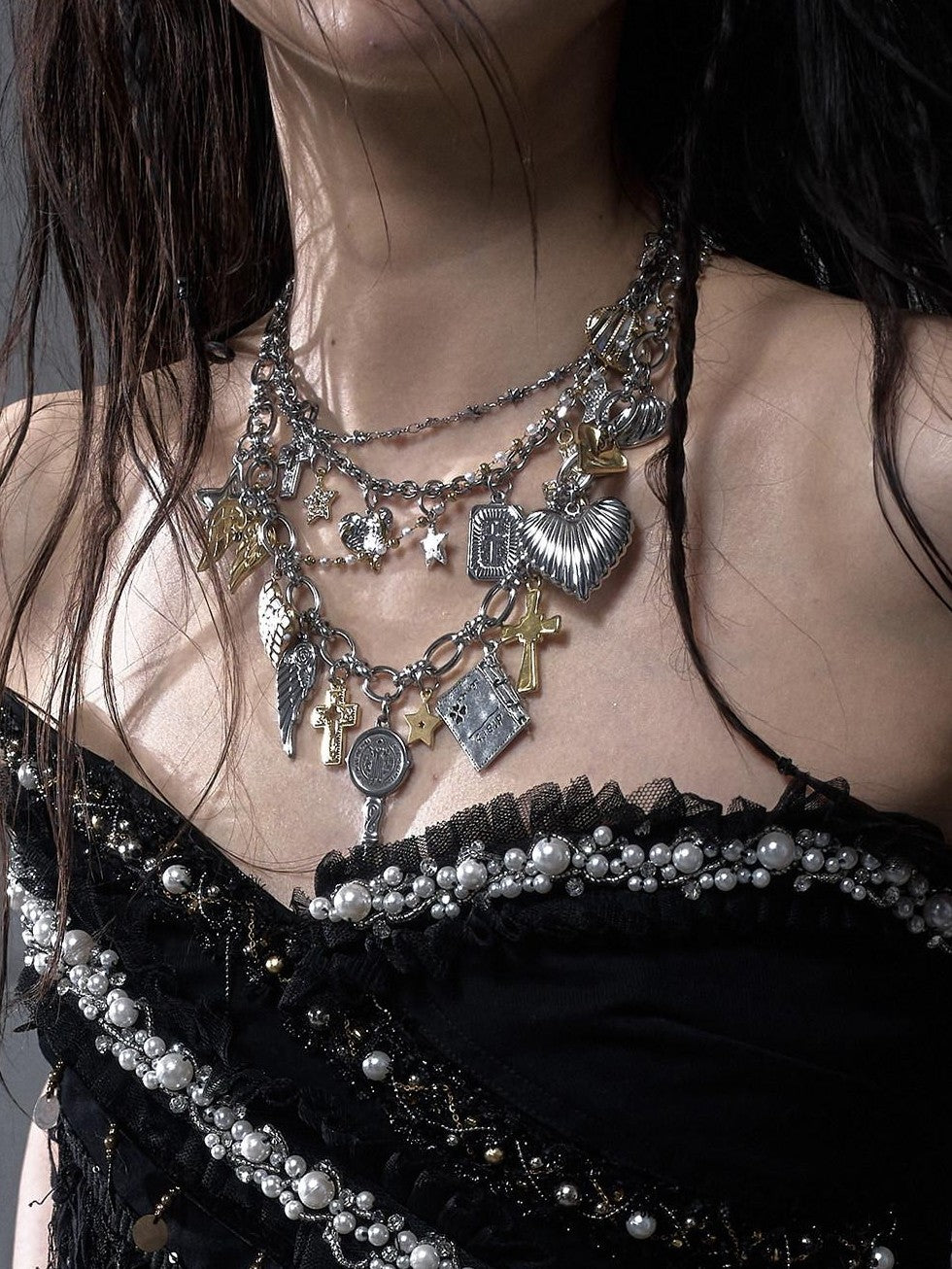 NO ROMANCE Sparkling Punk Vintage Heart Cross Layered Women'S Mixed Metal Necklaces