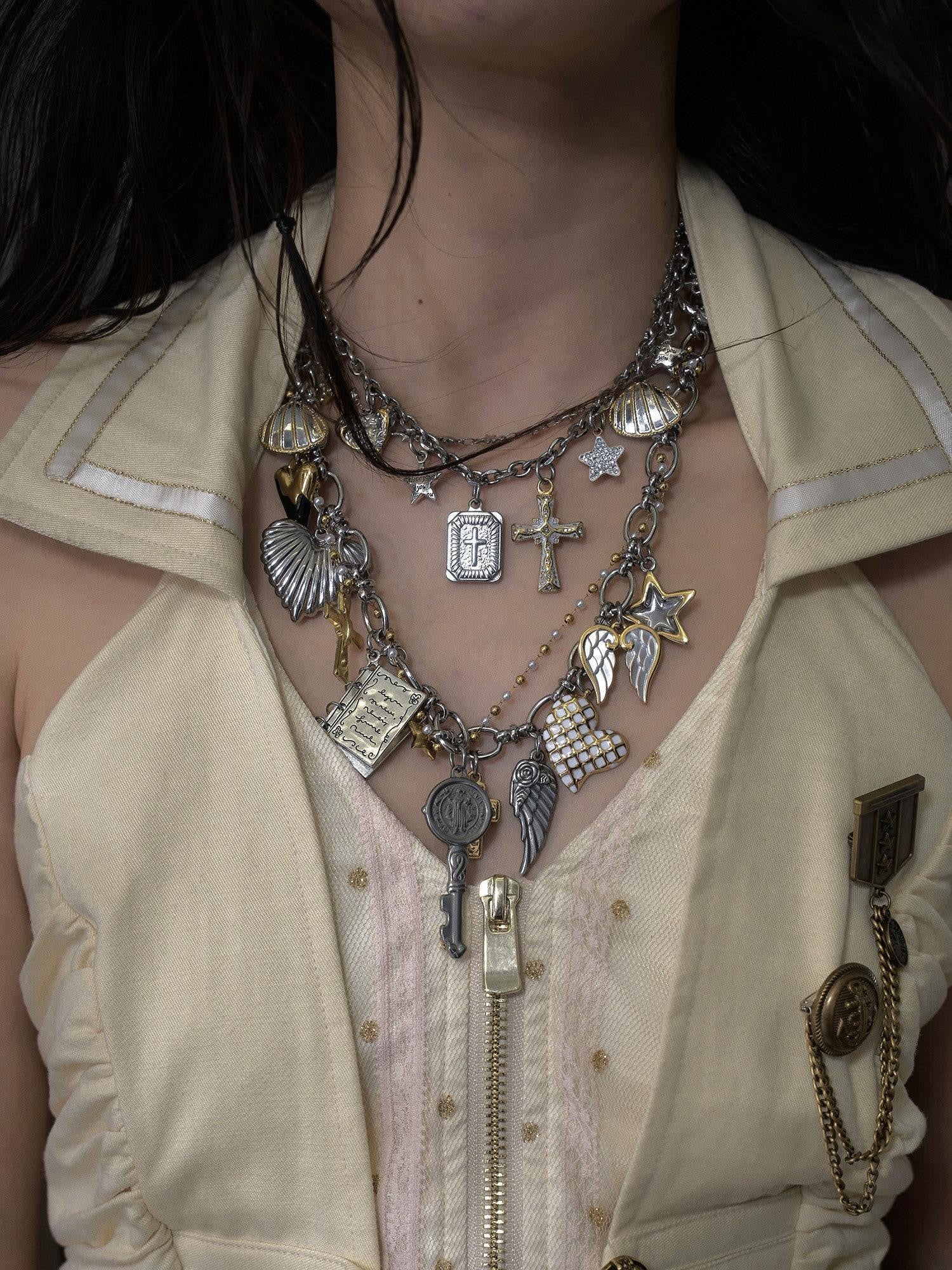NO ROMANCE Sparkling Punk Vintage Heart Cross Layered Women'S Mixed Metal Necklaces