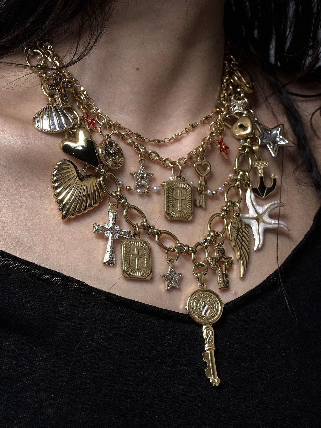 NO ROMANCE Sparkling Punk Vintage Heart Cross Layered Women'S Mixed Metal Necklaces