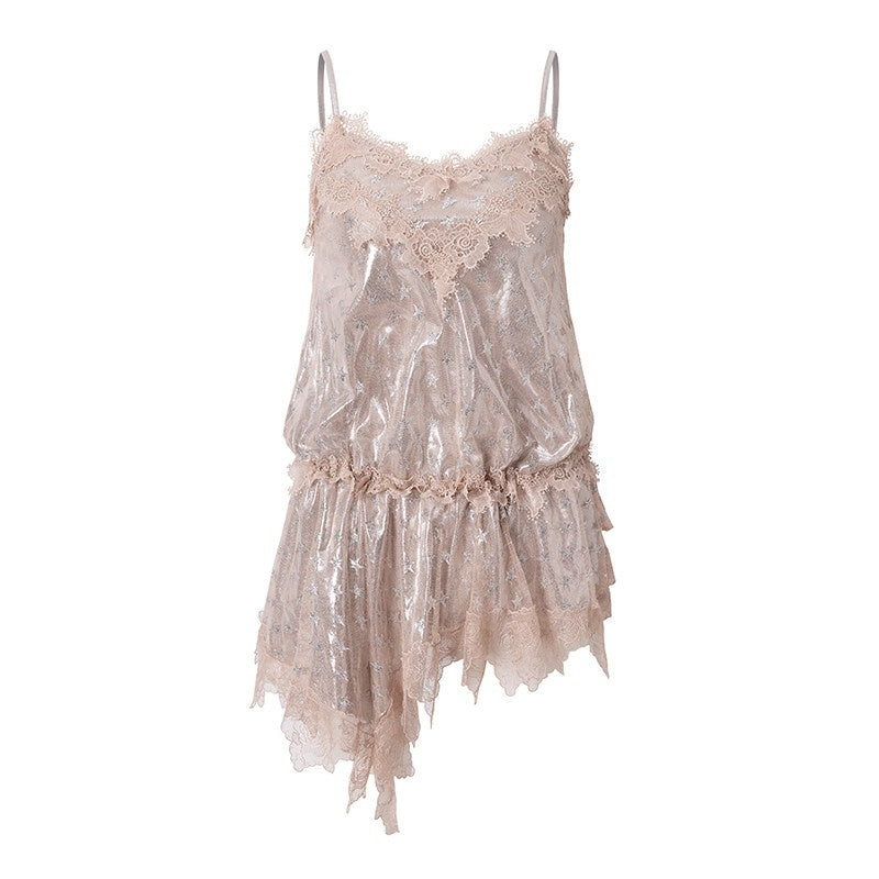 NO_ROMANCE_Star_Lace_Trim_Irregular_Hem_Drawstring_Women'S_Mesh_Slip_Mini_Dresses_MISSTT