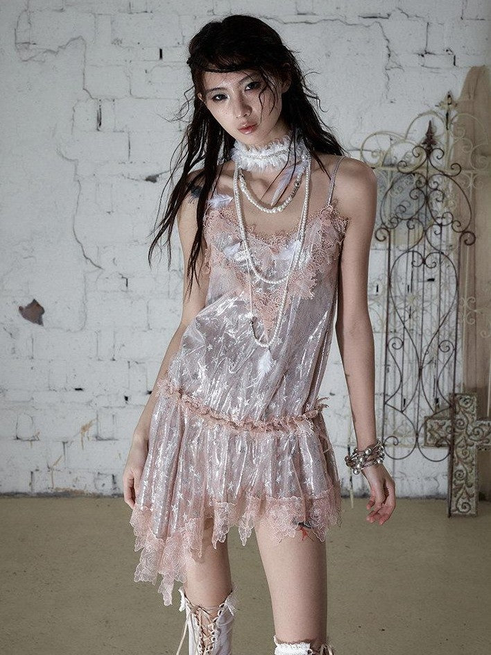 NO ROMANCE Star Lace Trim Irregular Hem Drawstring Women'S Mesh Slip Mini Dresses