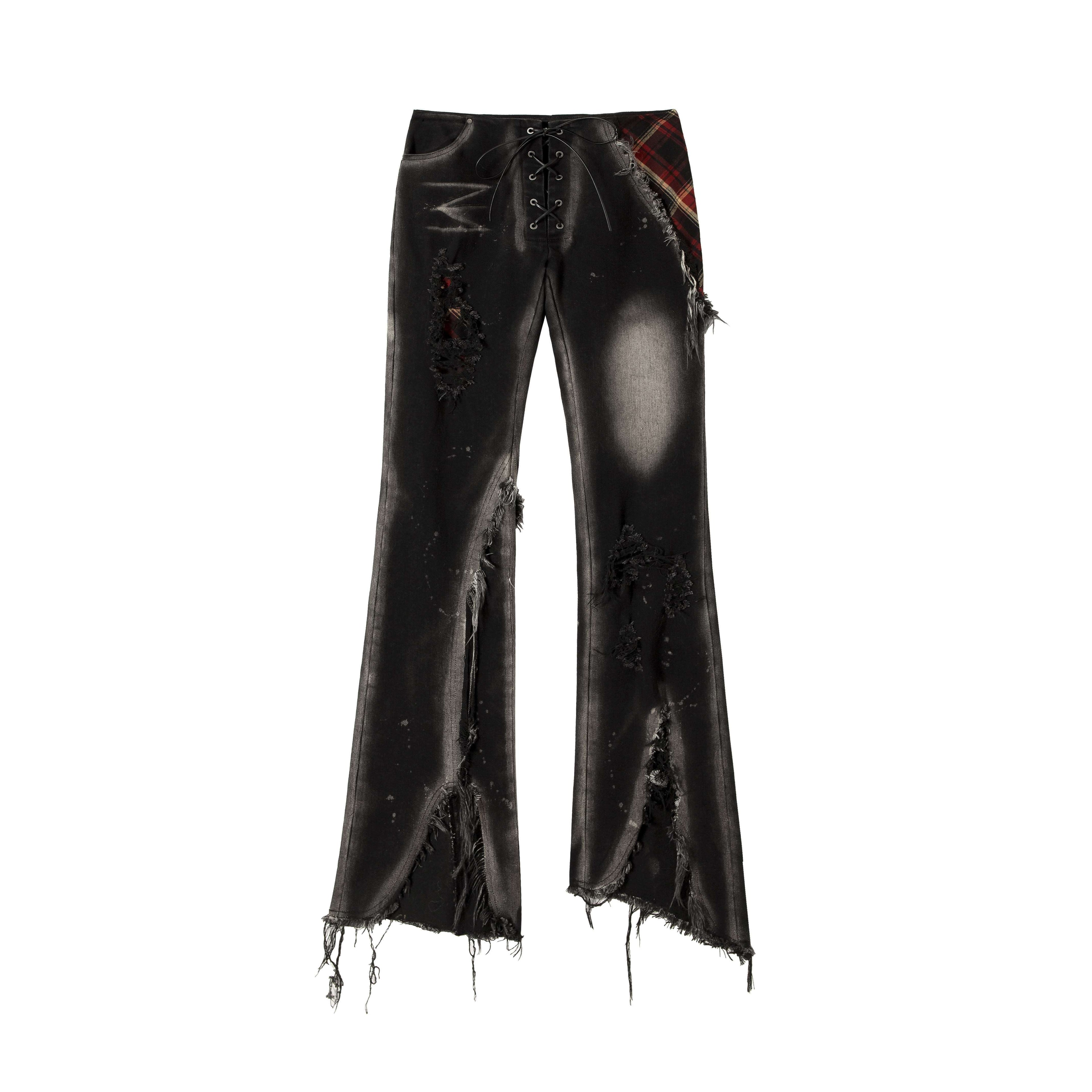 NO_ROMANCE_Street_Patchwork_Plaid_Distressed_Slim_Women'S_Washed_Denim_Straight_Jeans_MISSTT