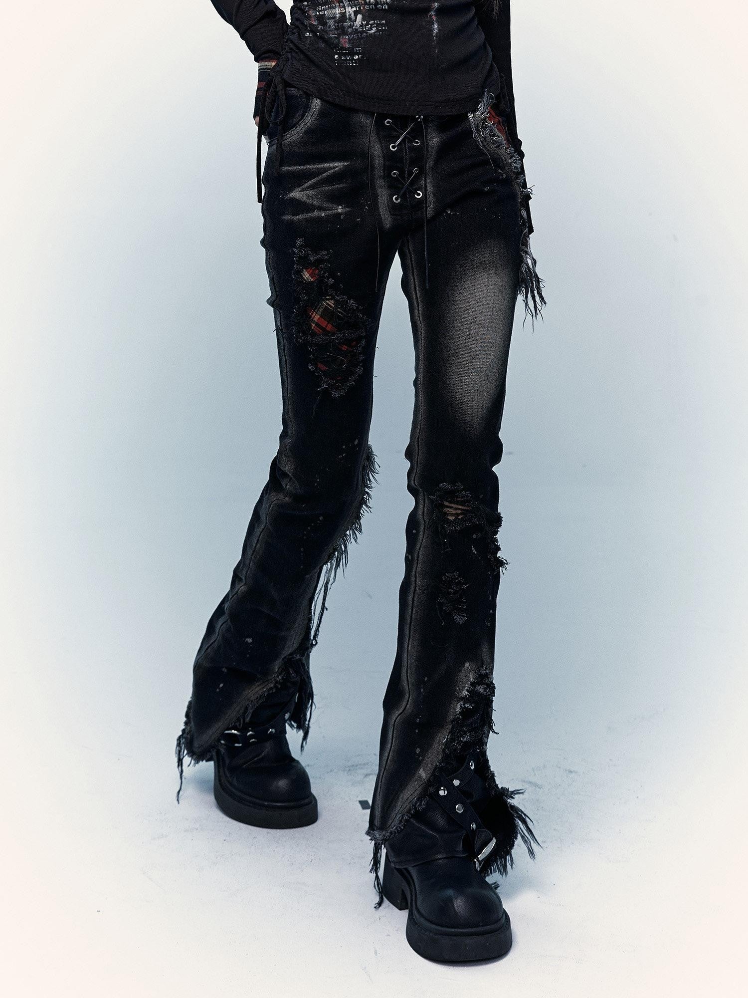 NO ROMANCE Street Patchwork Plaid Distressed Slim Women'S Washed Denim Straight Jeans