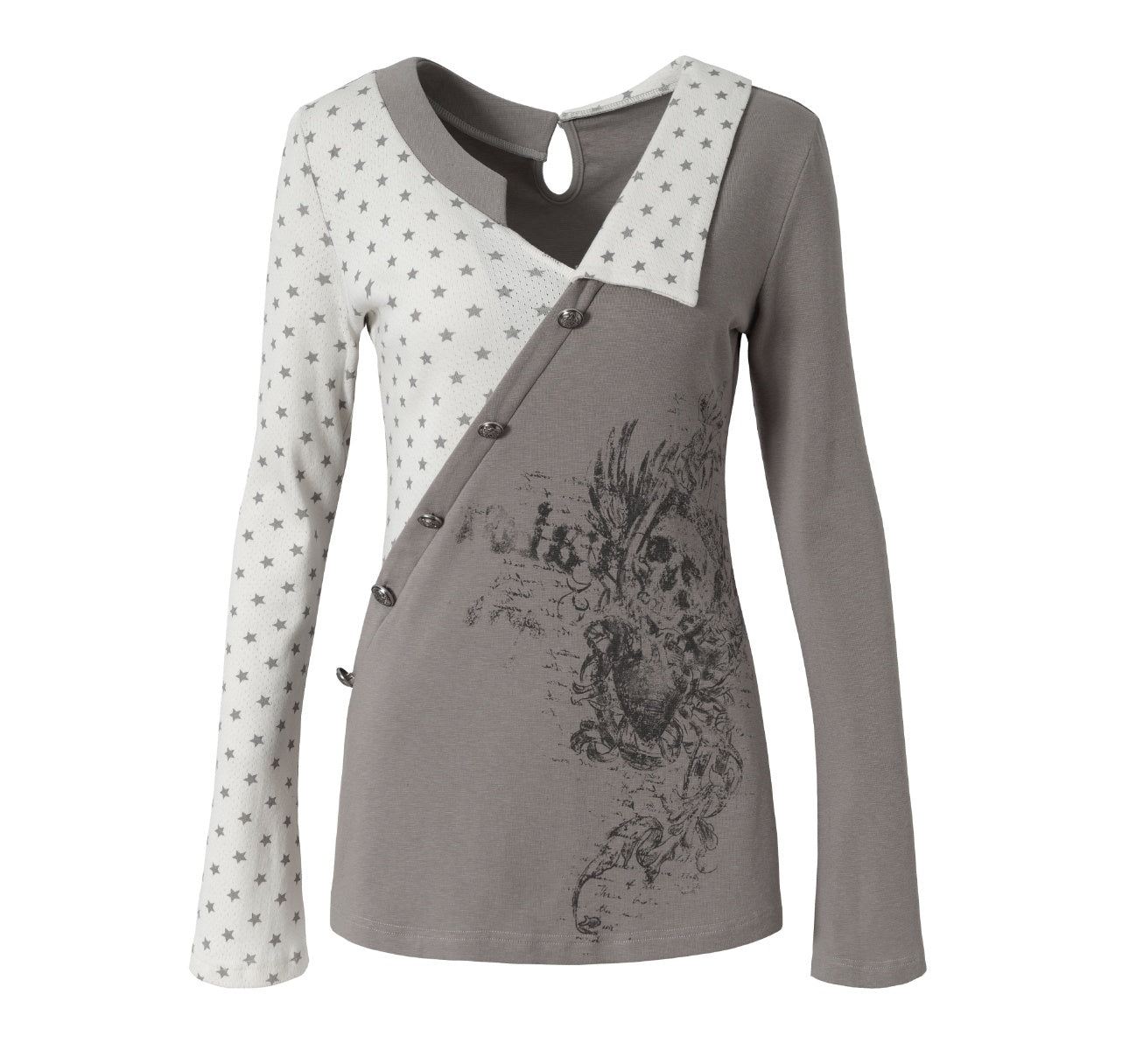 NO_ROMANCE_Striped_Star_Print_Faux_Two_Piece_Collared_Women'S_Knitted_Long_Sleeve_T-Shirts_MISSTT