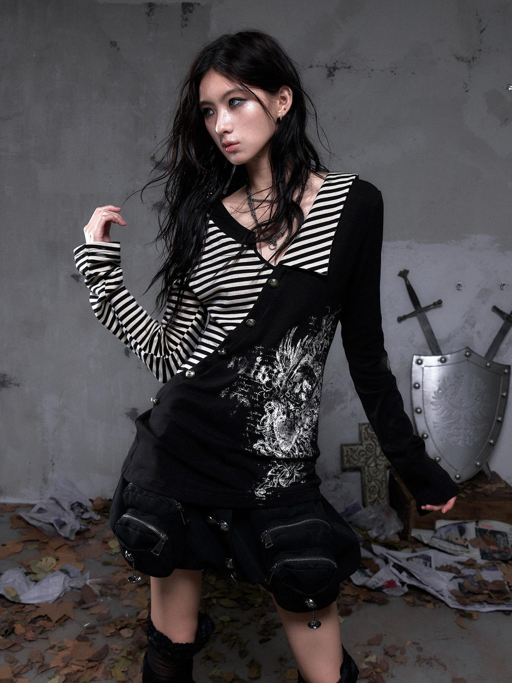 NO ROMANCE Striped Star Print Faux Two Piece Collared Women'S Knitted Long Sleeve T-Shirts