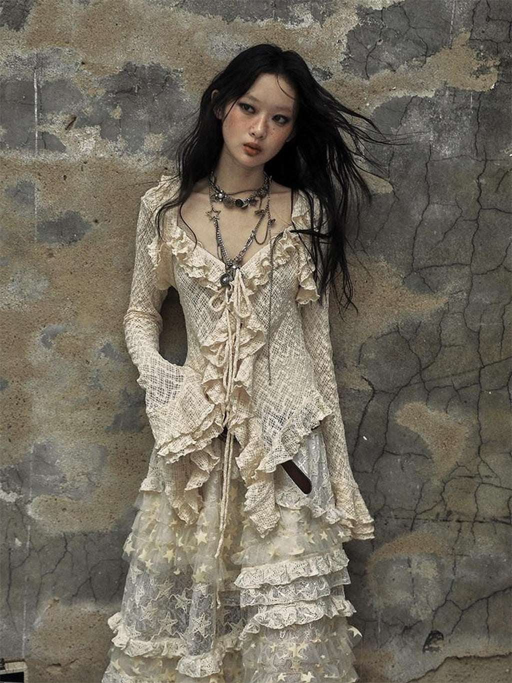 NO ROMANCE Textured Lace Ruffle Slim Fit Tie Bell Sleeve Women'S Cotton Blend Blouses