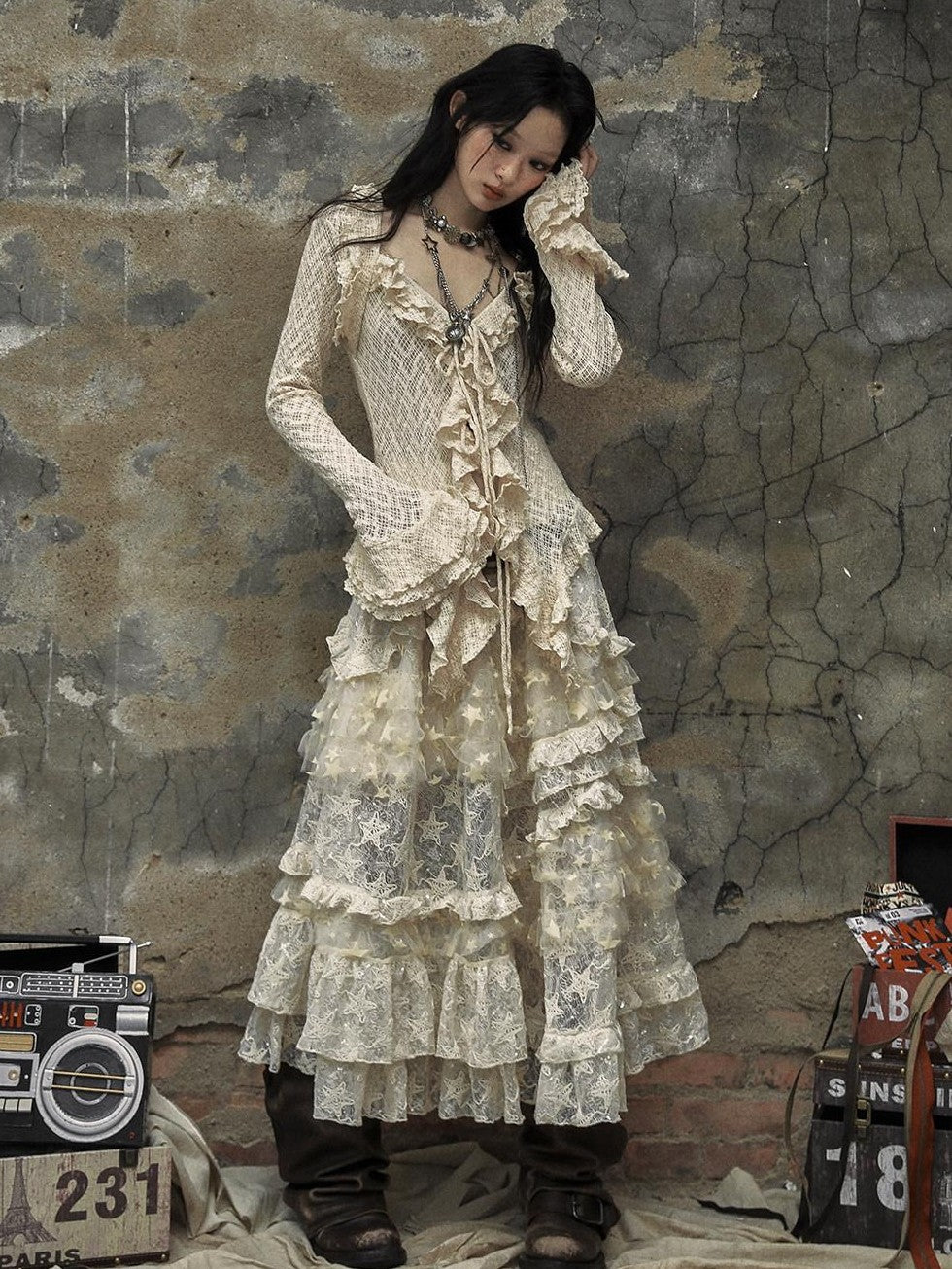 NO ROMANCE Textured Lace Ruffle Slim Fit Tie Bell Sleeve Women'S Cotton Blend Blouses