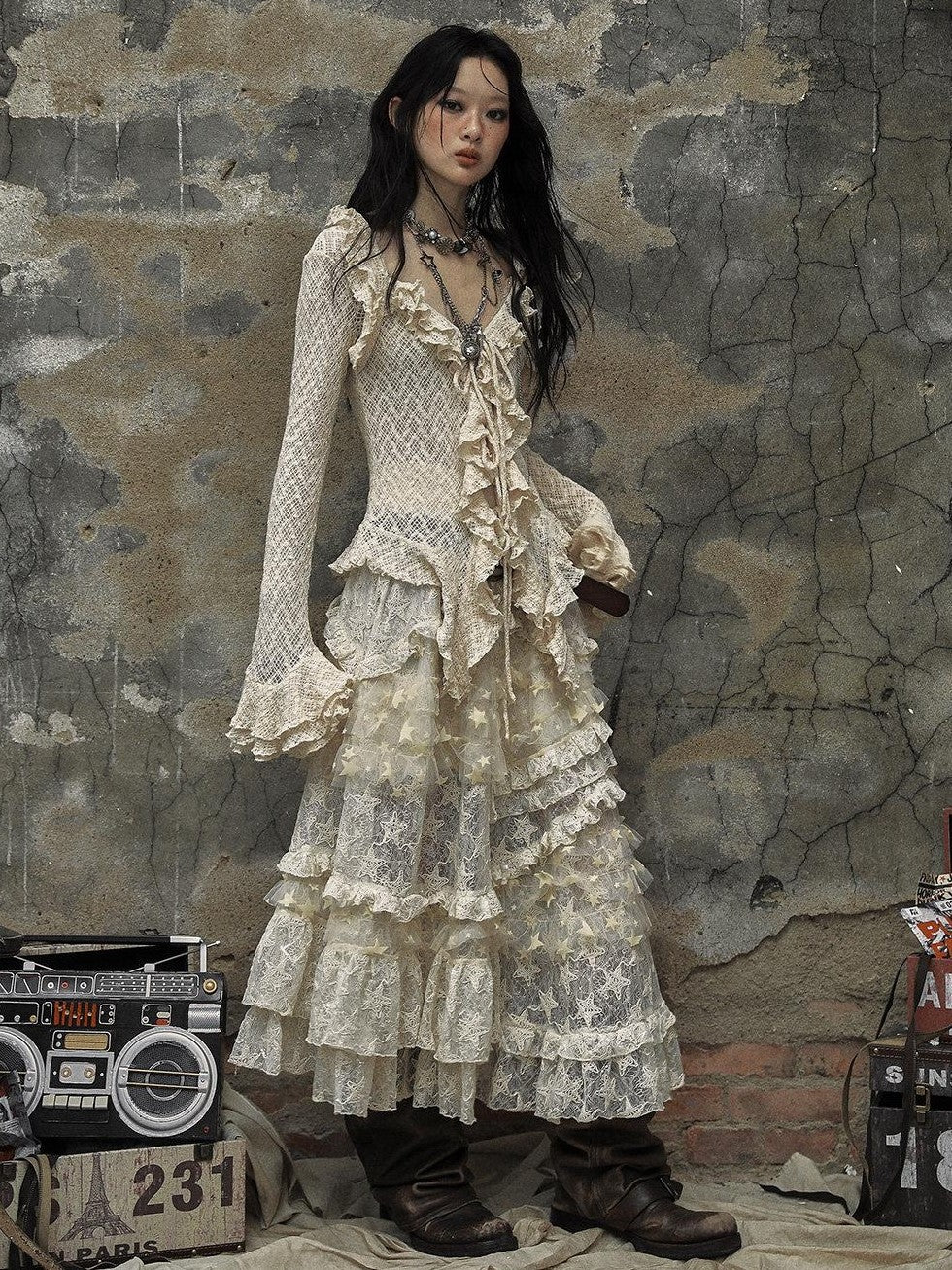 NO ROMANCE Textured Lace Ruffle Slim Fit Tie Bell Sleeve Women'S Cotton Blend Blouses