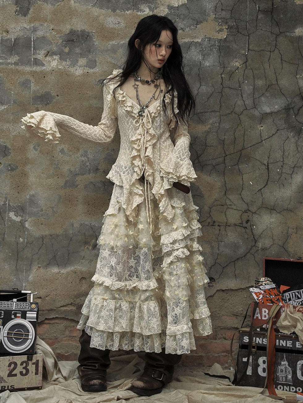 NO ROMANCE Textured Lace Ruffle Slim Fit Tie Bell Sleeve Women'S Cotton Blend Blouses