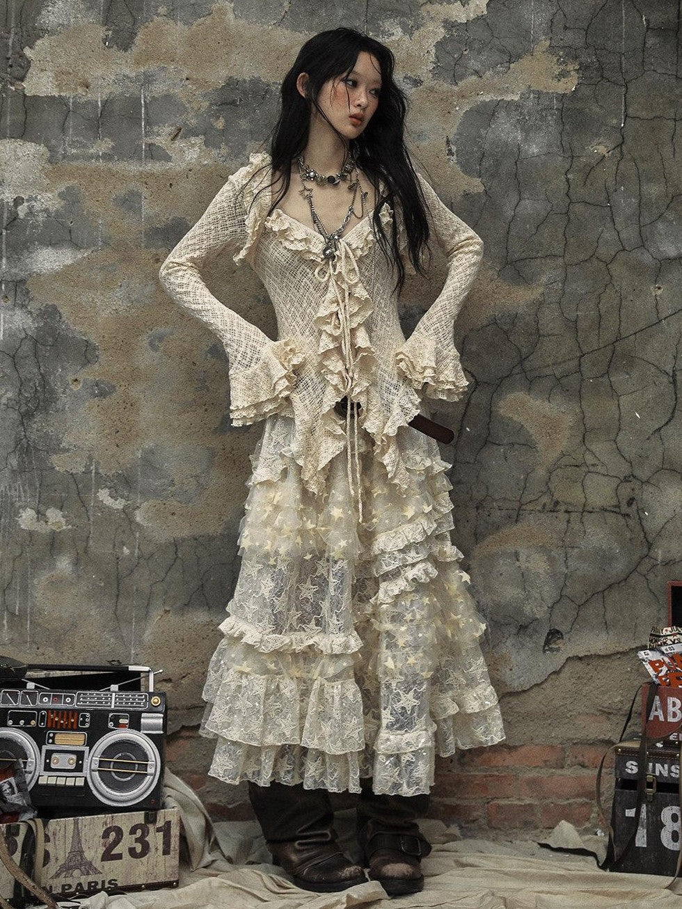 NO ROMANCE Textured Lace Ruffle Slim Fit Tie Bell Sleeve Women'S Cotton Blend Blouses