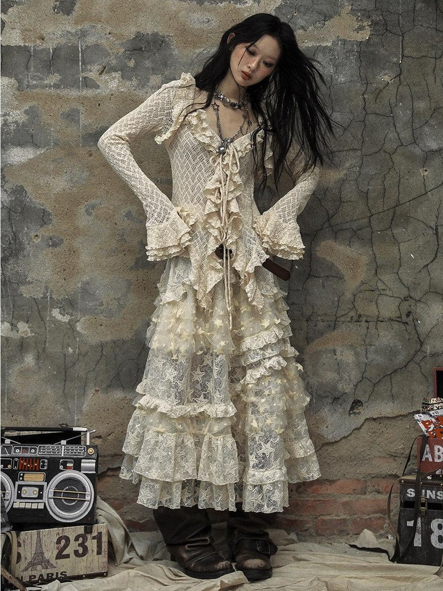 NO ROMANCE Textured Lace Ruffle Slim Fit Tie Bell Sleeve Women'S Cotton Blend Blouses