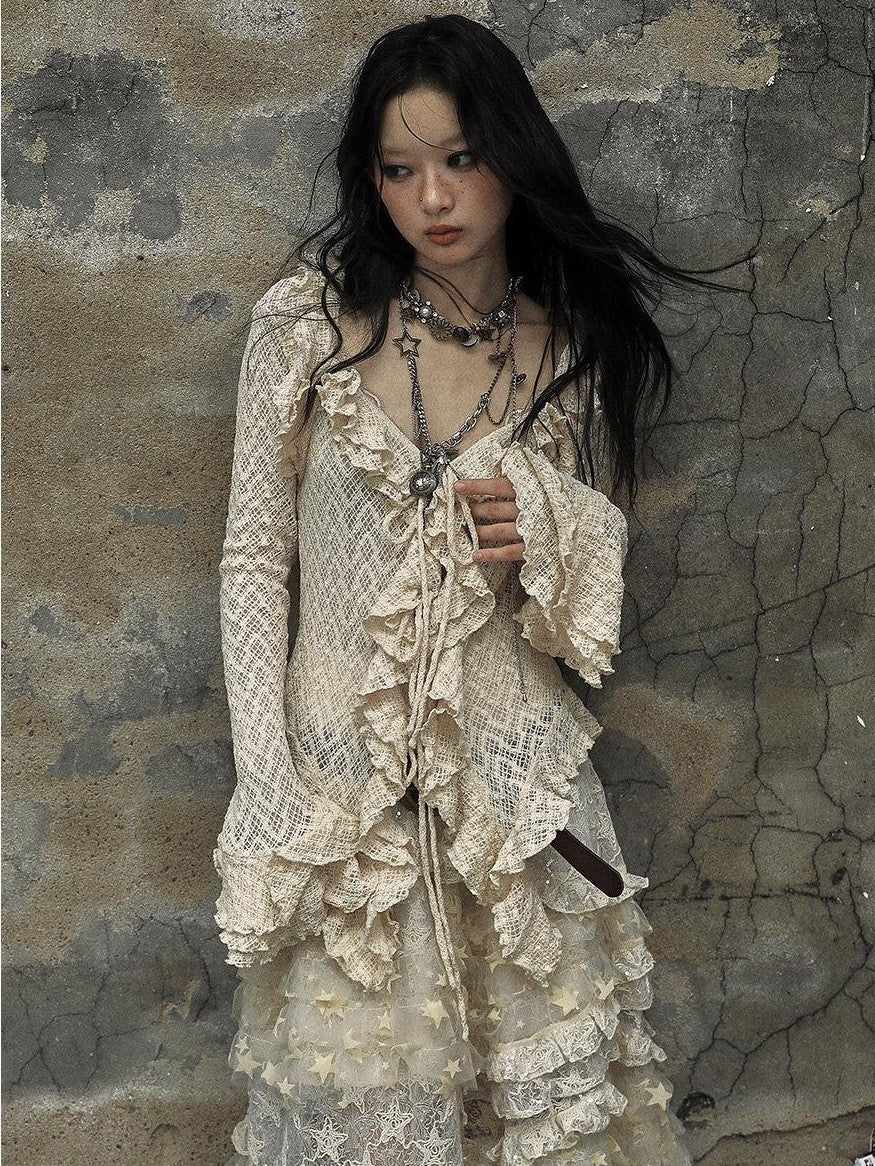 NO ROMANCE Textured Lace Ruffle Slim Fit Tie Bell Sleeve Women'S Cotton Blend Blouses