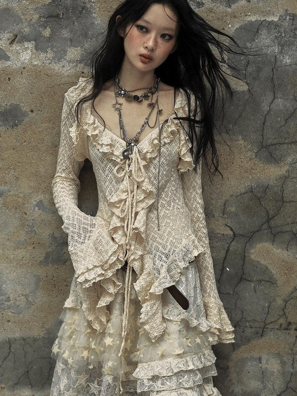 NO ROMANCE Textured Lace Ruffle Slim Fit Tie Bell Sleeve Women'S Cotton Blend Blouses