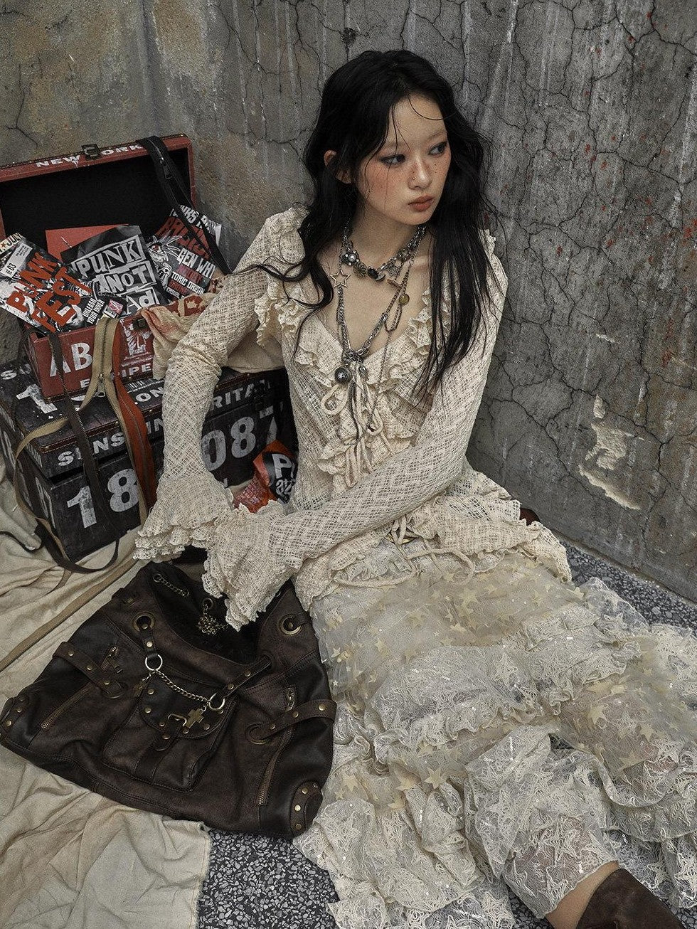 NO ROMANCE Textured Lace Ruffle Slim Fit Tie Bell Sleeve Women'S Cotton Blend Blouses