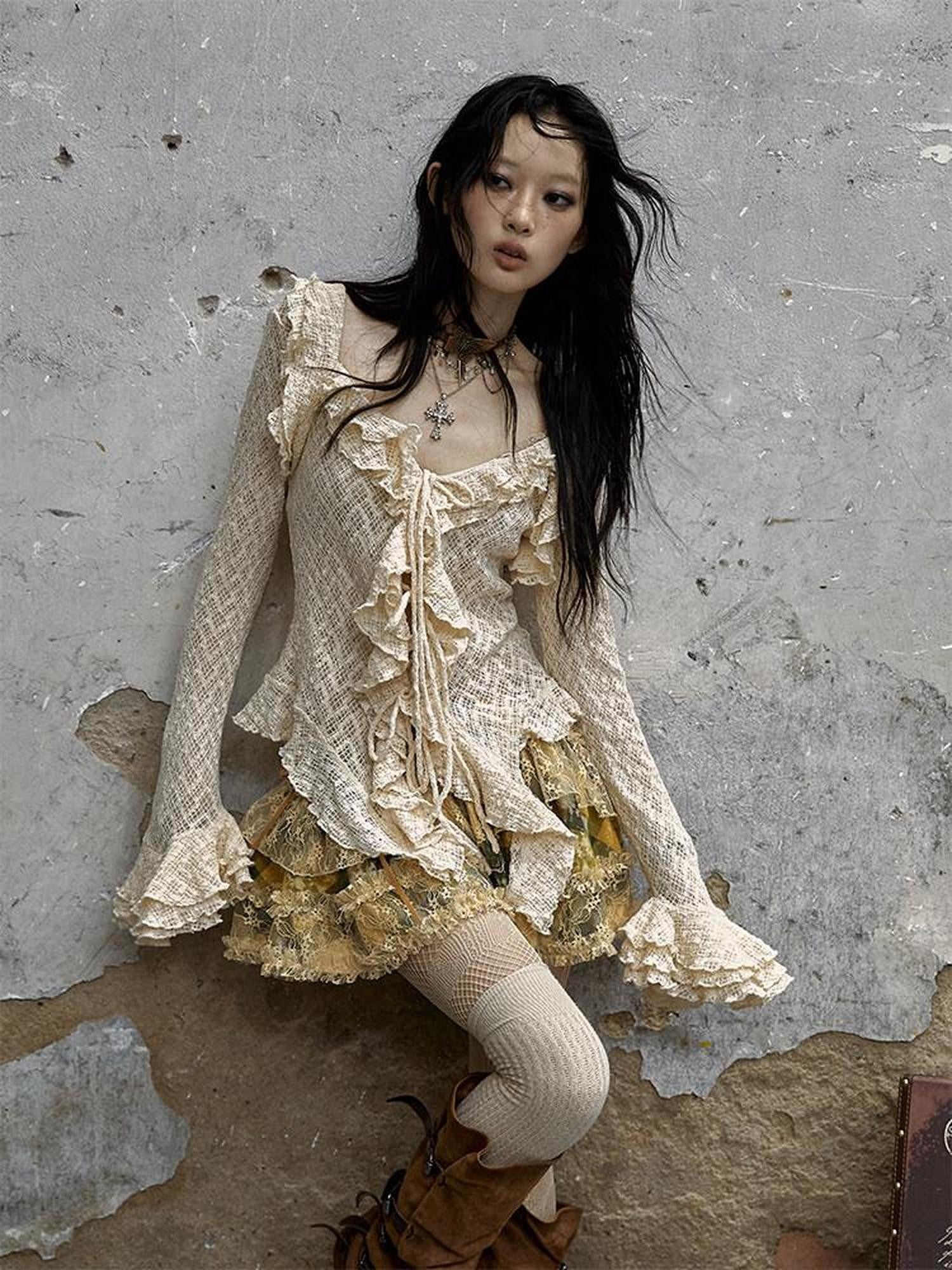 NO ROMANCE Textured Lace Ruffle Slim Fit Tie Bell Sleeve Women'S Cotton Blend Blouses