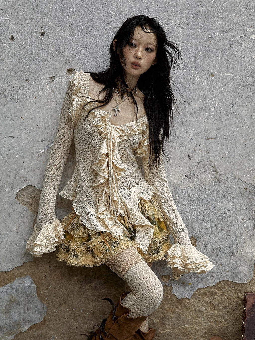 NO ROMANCE Textured Lace Ruffle Slim Fit Tie Bell Sleeve Women'S Cotton Blend Blouses