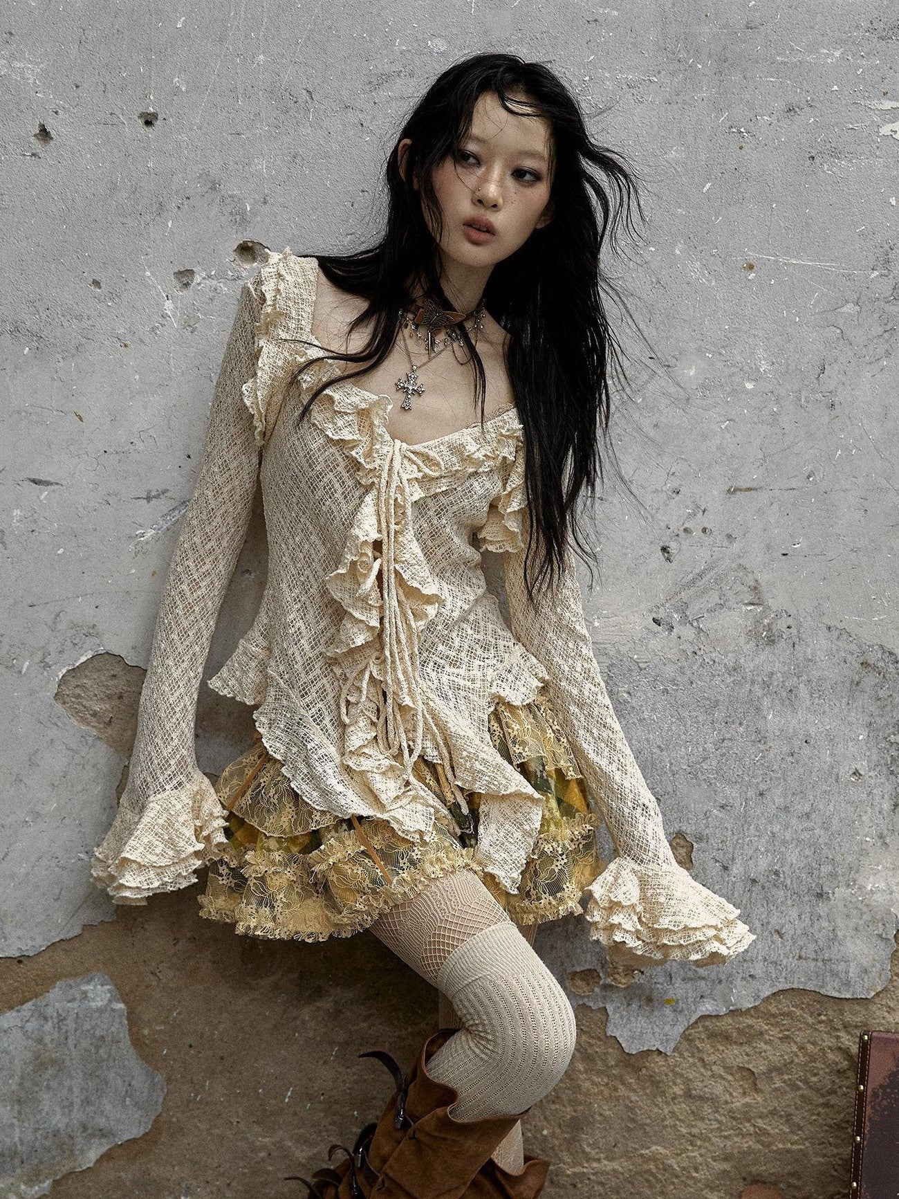 NO ROMANCE Textured Lace Ruffle Slim Fit Tie Bell Sleeve Women'S Cotton Blend Blouses