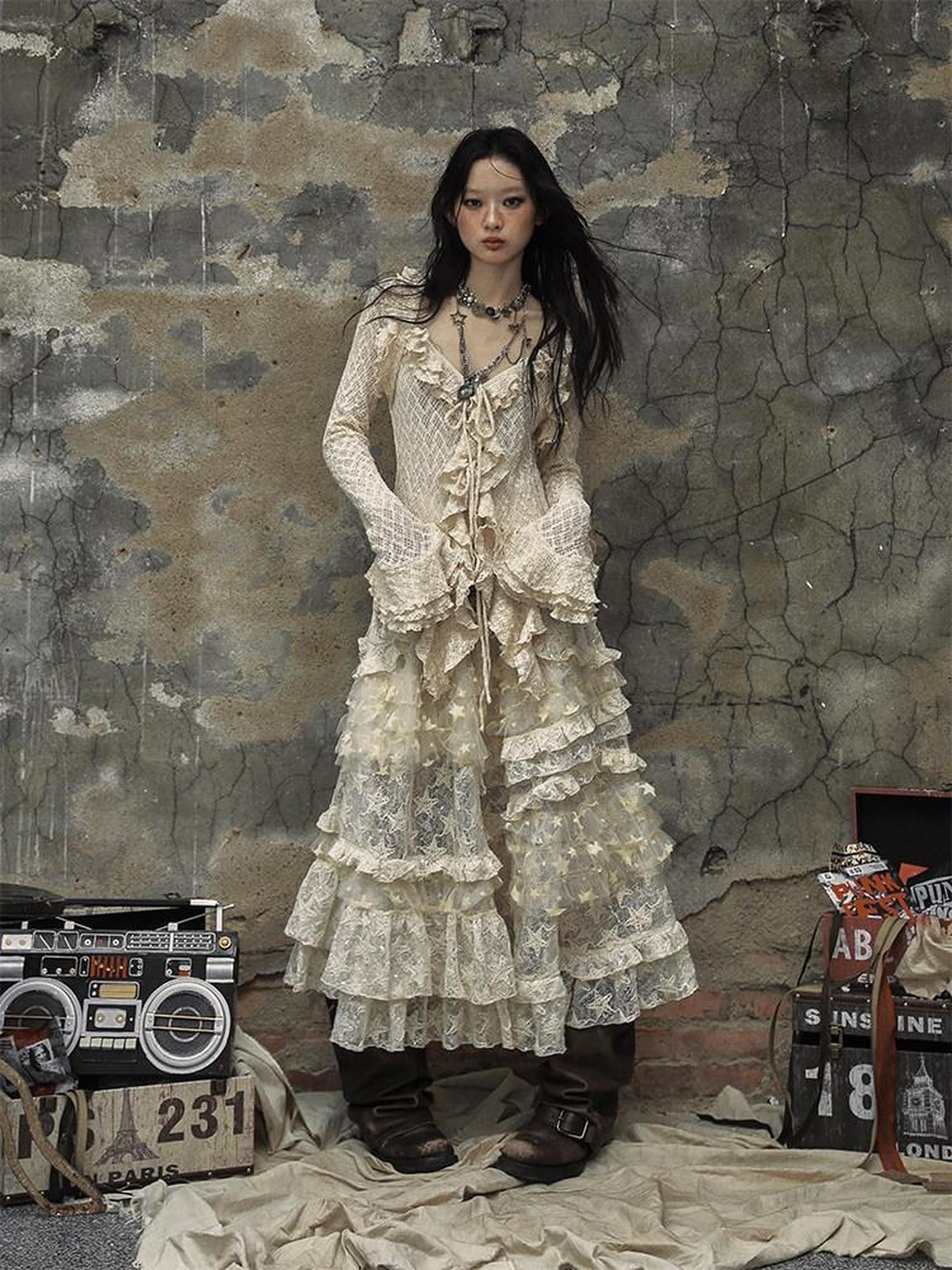 NO ROMANCE Textured Lace Ruffle Slim Fit Tie Bell Sleeve Women'S Cotton Blend Blouses