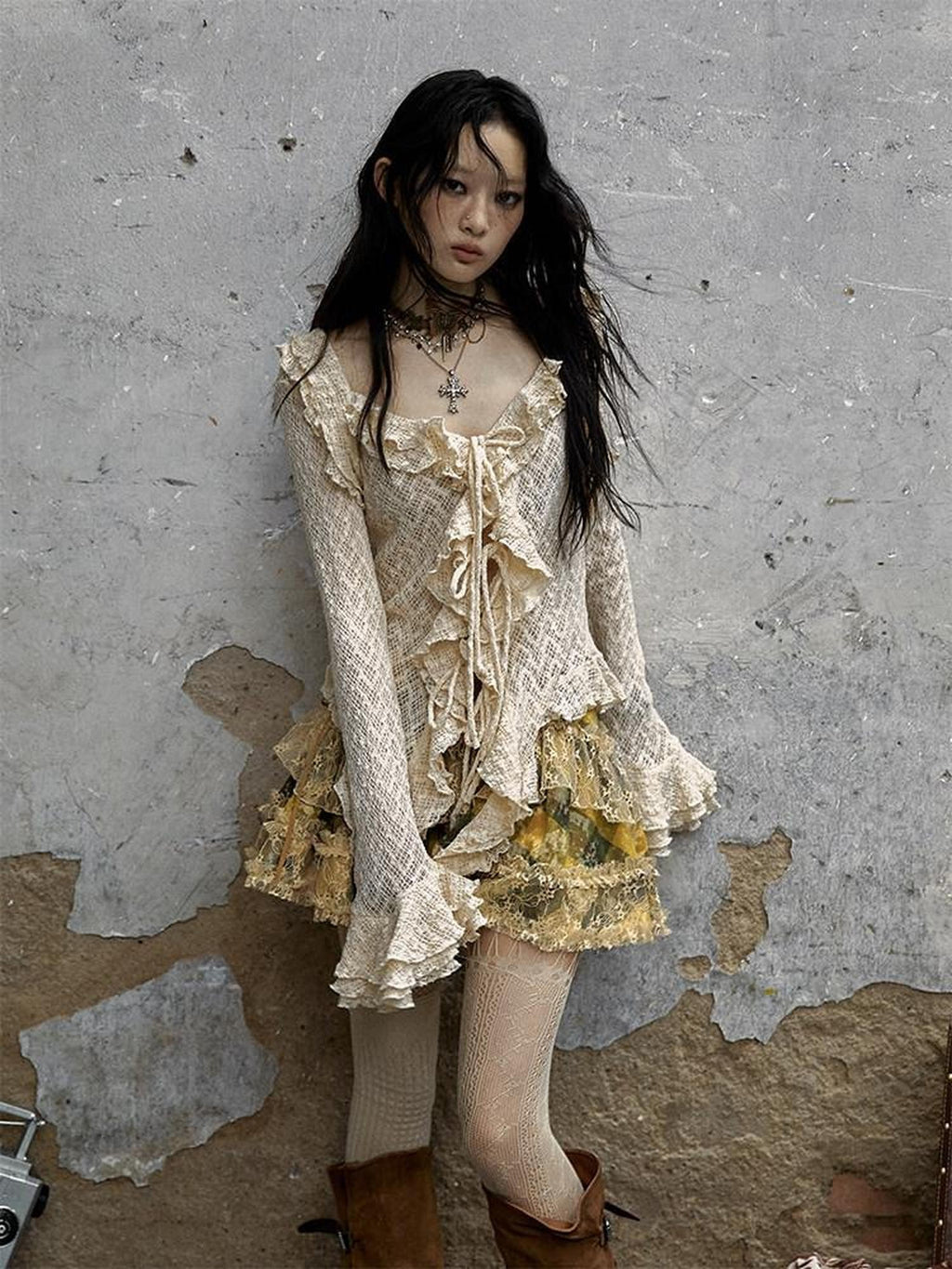 NO ROMANCE Textured Lace Ruffle Slim Fit Tie Bell Sleeve Women'S Cotton Blend Blouses