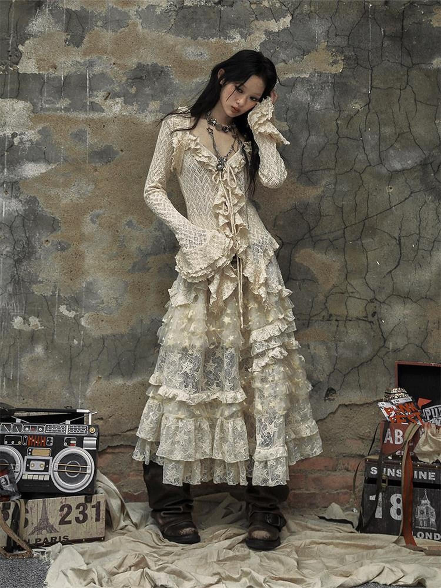 NO ROMANCE Textured Lace Ruffle Slim Fit Tie Bell Sleeve Women'S Cotton Blend Blouses