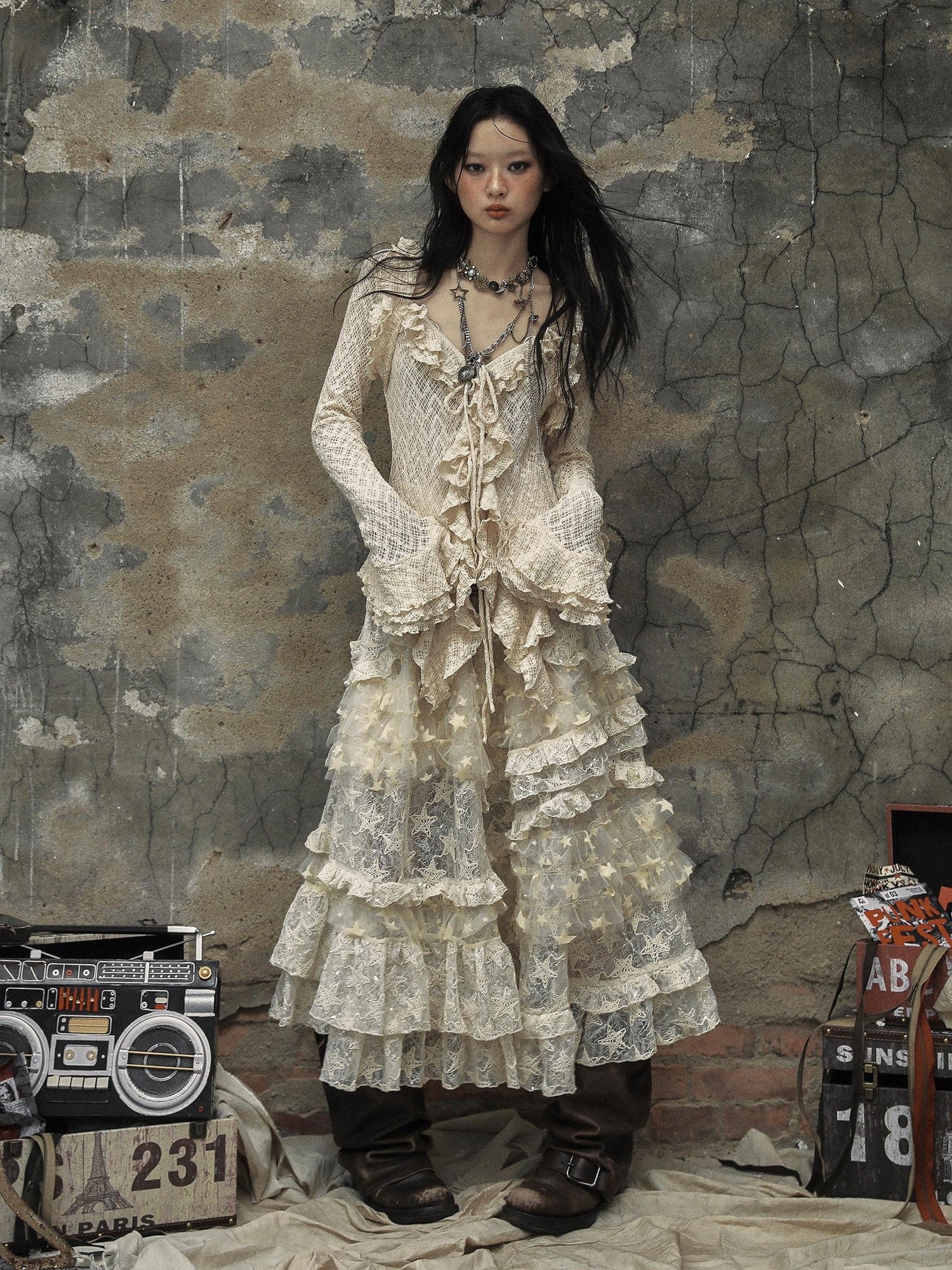 NO ROMANCE Textured Lace Ruffle Slim Fit Tie Bell Sleeve Women'S Cotton Blend Blouses