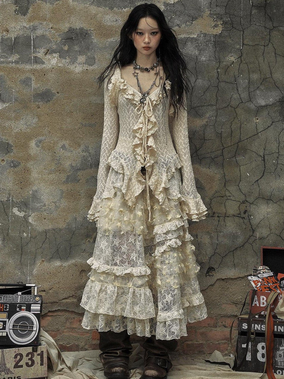NO ROMANCE Textured Lace Ruffle Slim Fit Tie Bell Sleeve Women'S Cotton Blend Blouses