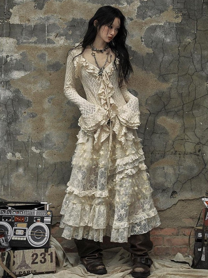 NO ROMANCE Textured Lace Ruffle Slim Fit Tie Bell Sleeve Women'S Cotton Blend Blouses