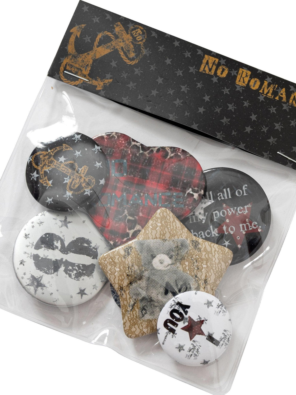 NO ROMANCE Unique Edgy Punk Rock Distressed Badge Women'S Metal Statement Brooches