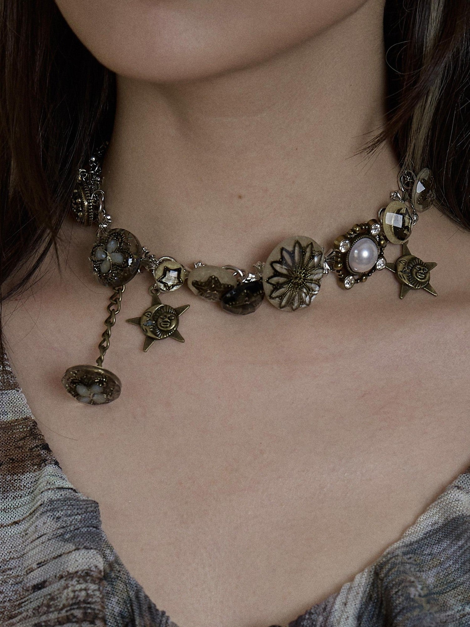NO ROMANCE Vintage Aged Punk Detailed Button Star Choker Women'S Titanium Steel Necklaces