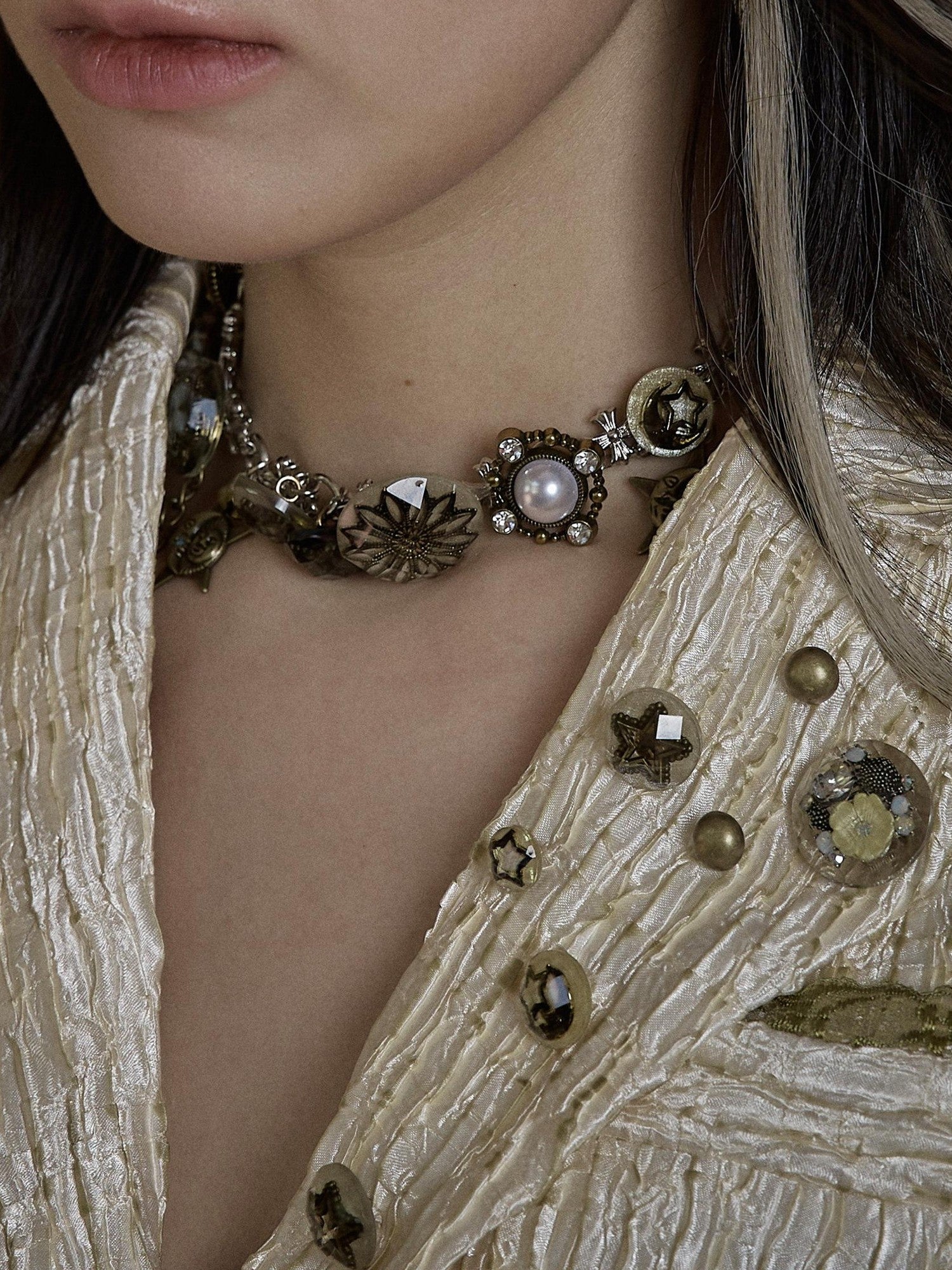 NO ROMANCE Vintage Aged Punk Detailed Button Star Choker Women'S Titanium Steel Necklaces