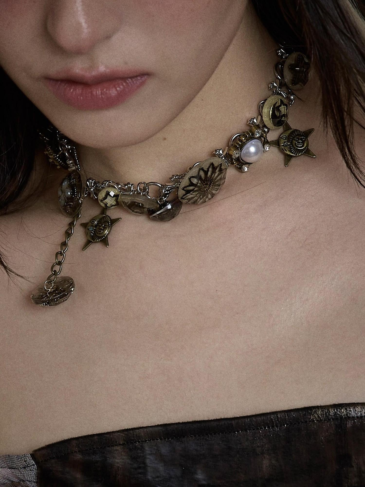 NO ROMANCE Vintage Aged Punk Detailed Button Star Choker Women'S Titanium Steel Necklaces