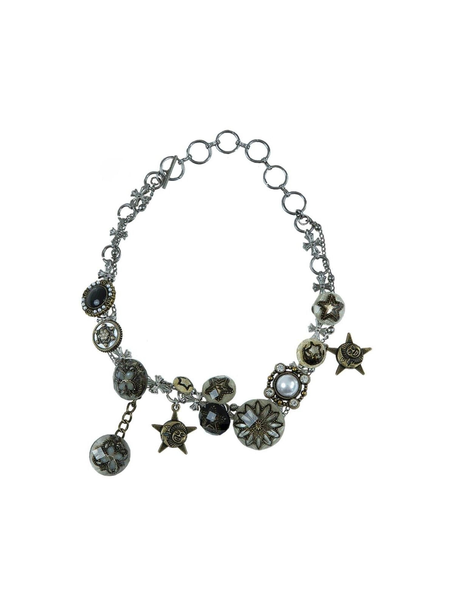 NO ROMANCE Vintage Aged Punk Detailed Button Star Choker Women'S Titanium Steel Necklaces