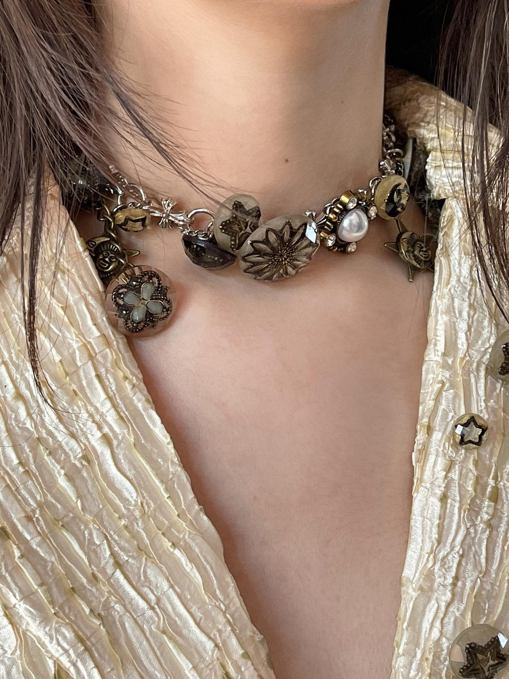 NO ROMANCE Vintage Aged Punk Detailed Button Star Choker Women'S Titanium Steel Necklaces