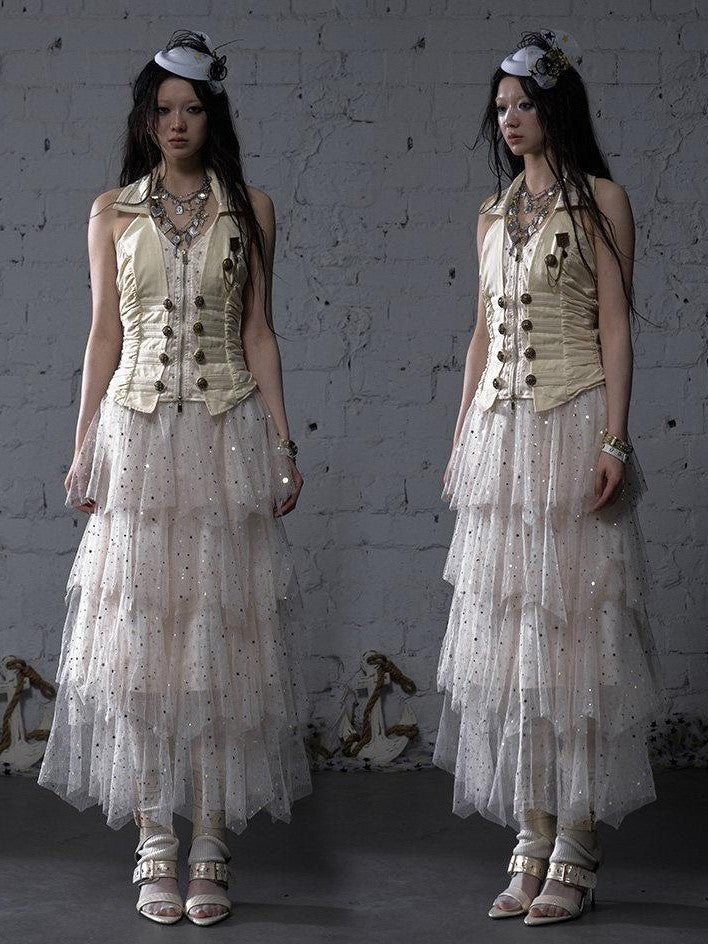 NO ROMANCE Vintage Court Nautical Punk V-neck Halter Waist Slim Faux Vest Women'S Tank Tops