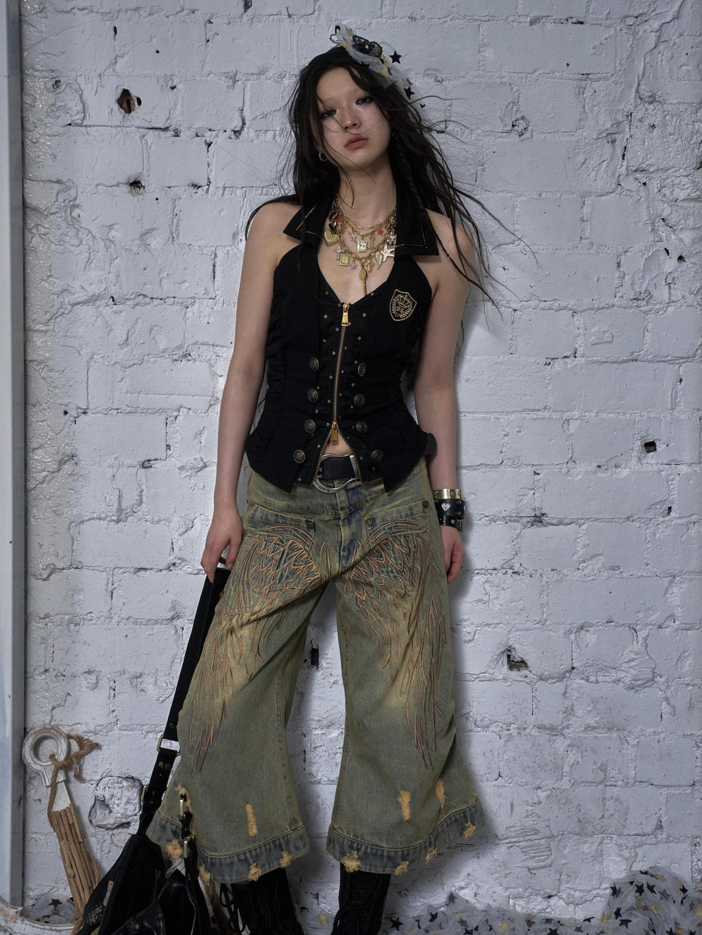 NO ROMANCE Vintage Court Nautical Punk V-neck Halter Waist Slim Faux Vest Women'S Tank Tops