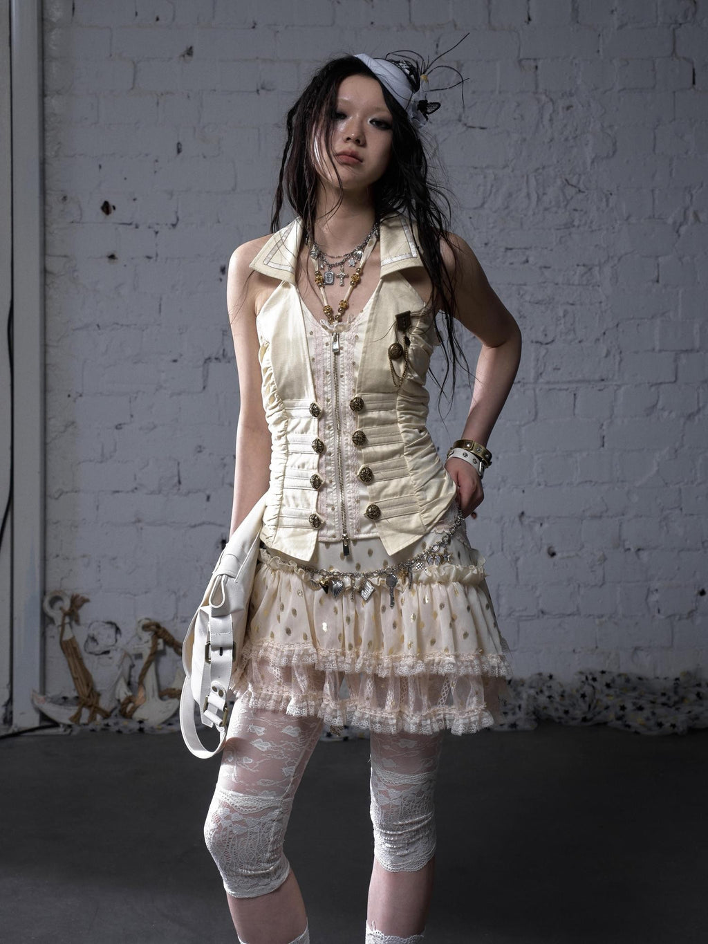 NO ROMANCE Vintage Court Nautical Punk V-neck Halter Waist Slim Faux Vest Women'S Tank Tops