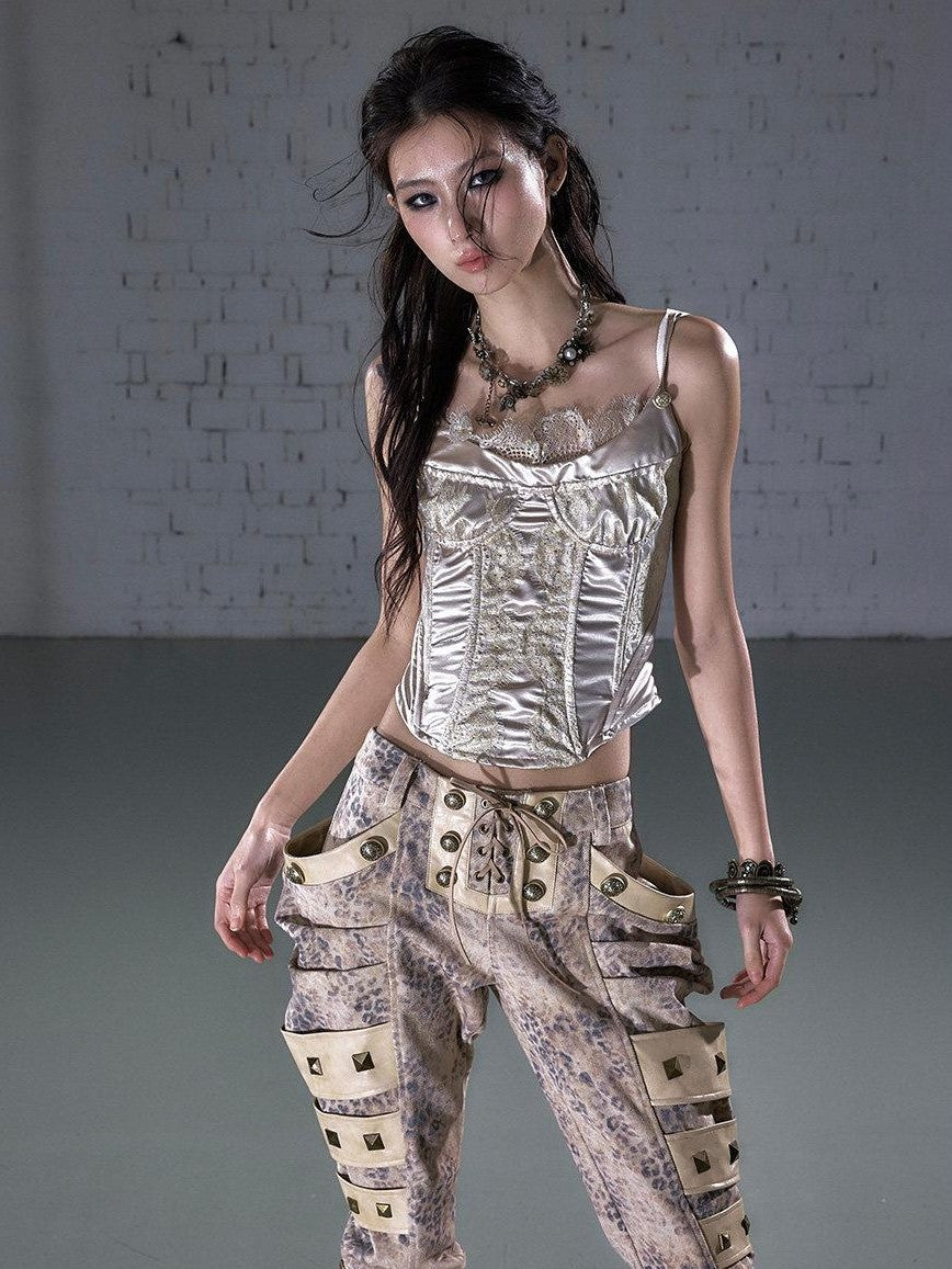 NO ROMANCE Vintage Court Waist Cinch Lace Trim Boned Women'S Satin Camisoles