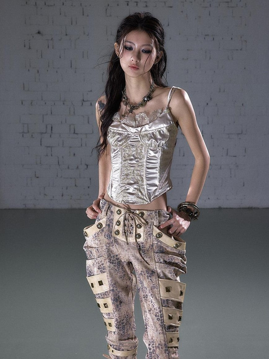 NO ROMANCE Vintage Court Waist Cinch Lace Trim Boned Women'S Satin Camisoles