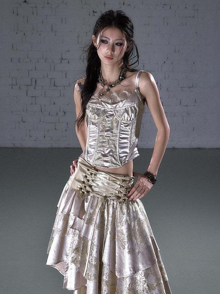 NO ROMANCE Vintage Court Waist Cinch Lace Trim Boned Women'S Satin Camisoles