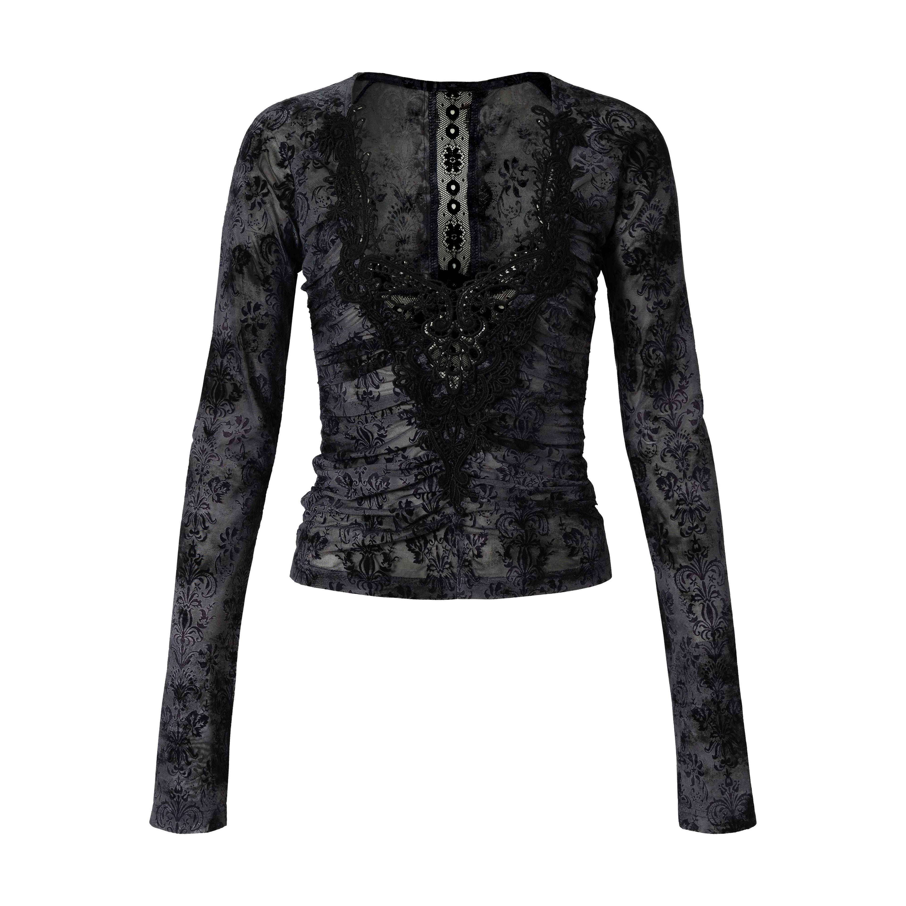 NO_ROMANCE_Vintage_Crochet_Lace_Flocked_V-neck_Elastic_Waist_Women'S_Polyester_Blouses_MISSTT