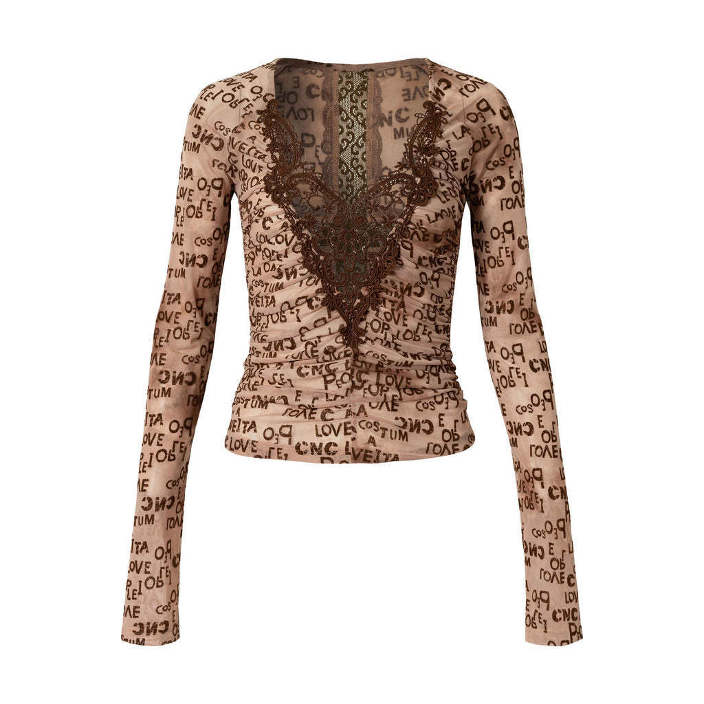 NO_ROMANCE_Vintage_Crochet_Lace_Flocked_V-neck_Elastic_Waist_Women'S_Polyester_Blouses_MISSTT